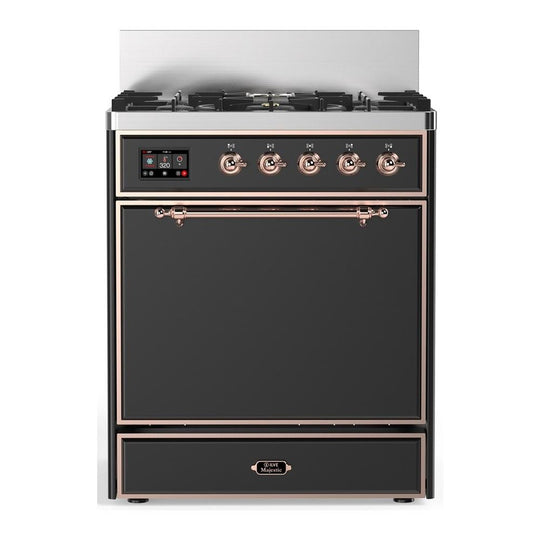 Ilve UM30QNR3MGPLP Ilve Um30Qnr3Mgplp Majestic Iii 30 Inch Dual Fuel Range With 5 Black Brass Burners, Dual Function Burner Up To 25,000 Btu (Liquid Propane, Solid Door, Graphite Matte, Copper)