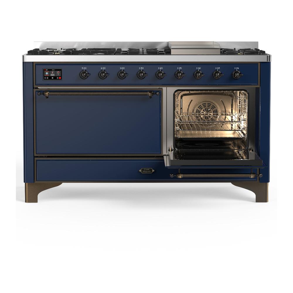 Ilve UM60FQNR3MBBLP Ilve Um60Fqnr3Mbblp Majestic Iii 60 Inch Dual Fuel Range With 9 Burners And Griddle, Dual Function Burner Up To 25,000 Btu (Liquid Propane, Solid Door, Midnight Blue, Burnished)