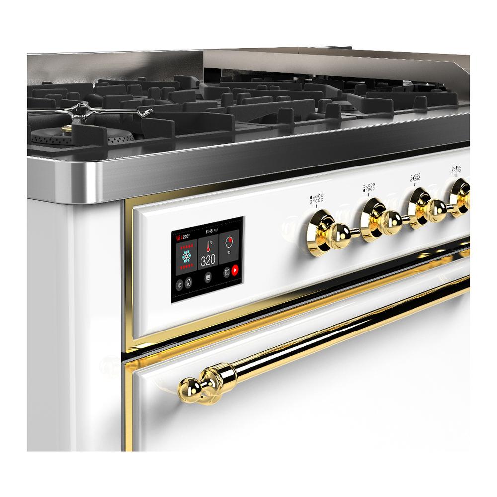 Ilve UM60FQNR3WHG Ilve Um60Fqnr3Whg Majestic Iii 60 Inch Dual Fuel Range With 9 Burners And Griddle, Dual Function Burner Up To 25,000 Btu (Natural Gas, Solid Door, White, Brass)
