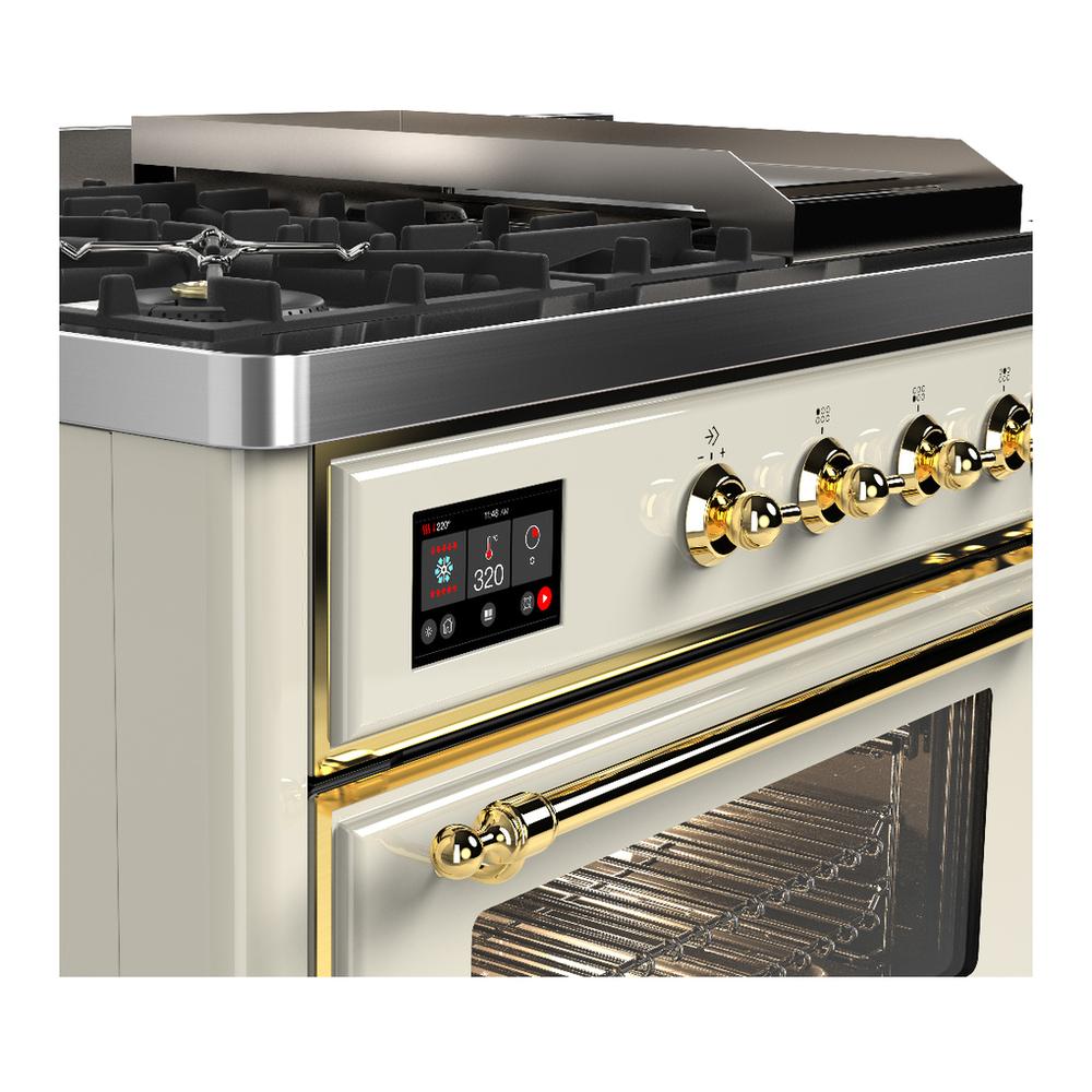 Ilve UM48FSNR3AWG Ilve Um48Fsnr3Awg Majestic Iii 48 Inch Dual Fuel Range With 5 Black Brass Burners, Griddle And French Top, Dual Function Burner Up To 25,000 Btu (Natural Gas, Triple Glass Door, Antique White, Brass)