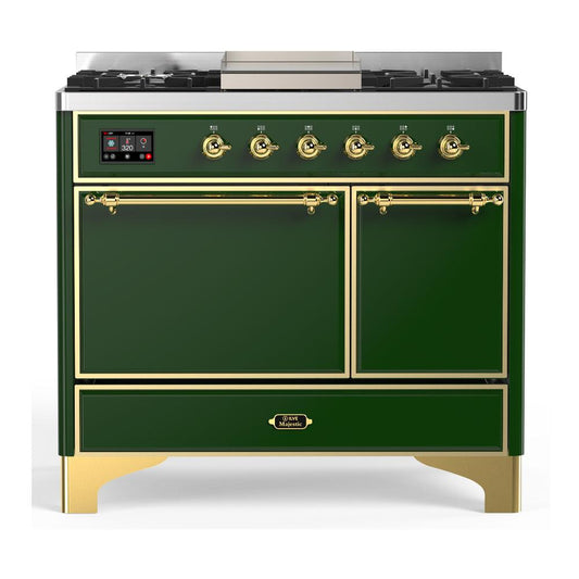 Ilve UMD40FQNR3EGGLP Ilve Umd40Fqnr3Egglp Majestic Iii 40 Inch Dual Fuel Range With 6 Burners And Griddle, Dual Function Burner Up To 25,000 Btu (Liquid Propane, Solid Door, Emerald Green, Brass)
