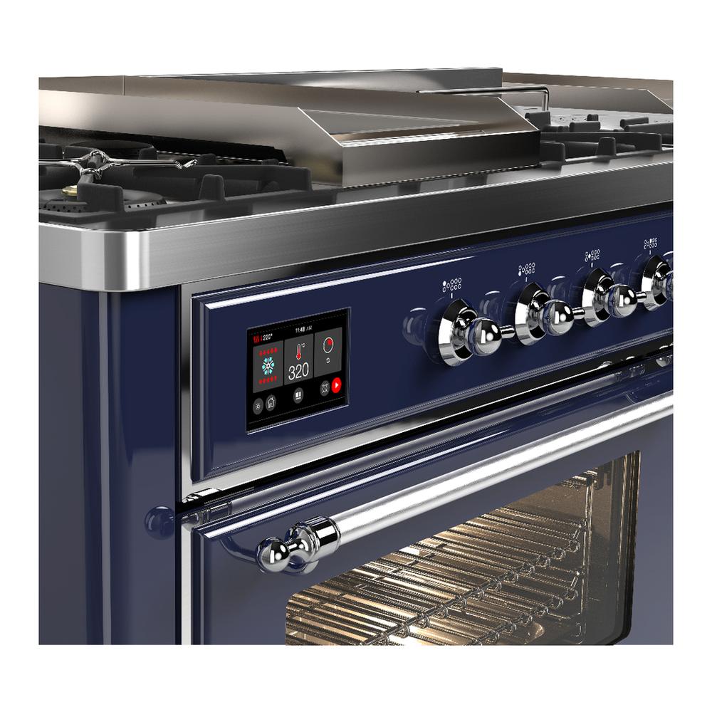 Ilve UM60FSNR3MBCLP Ilve Um60Fsnr3Mbclp Majestic Iii 60 Inch Dual Fuel Range With 7 Burners, Griddle And French Top, Dual Function Burner With Up To 25,000 Btu (Liquid Propane, Triple Glass Door, Midnight Blue, Chrome)