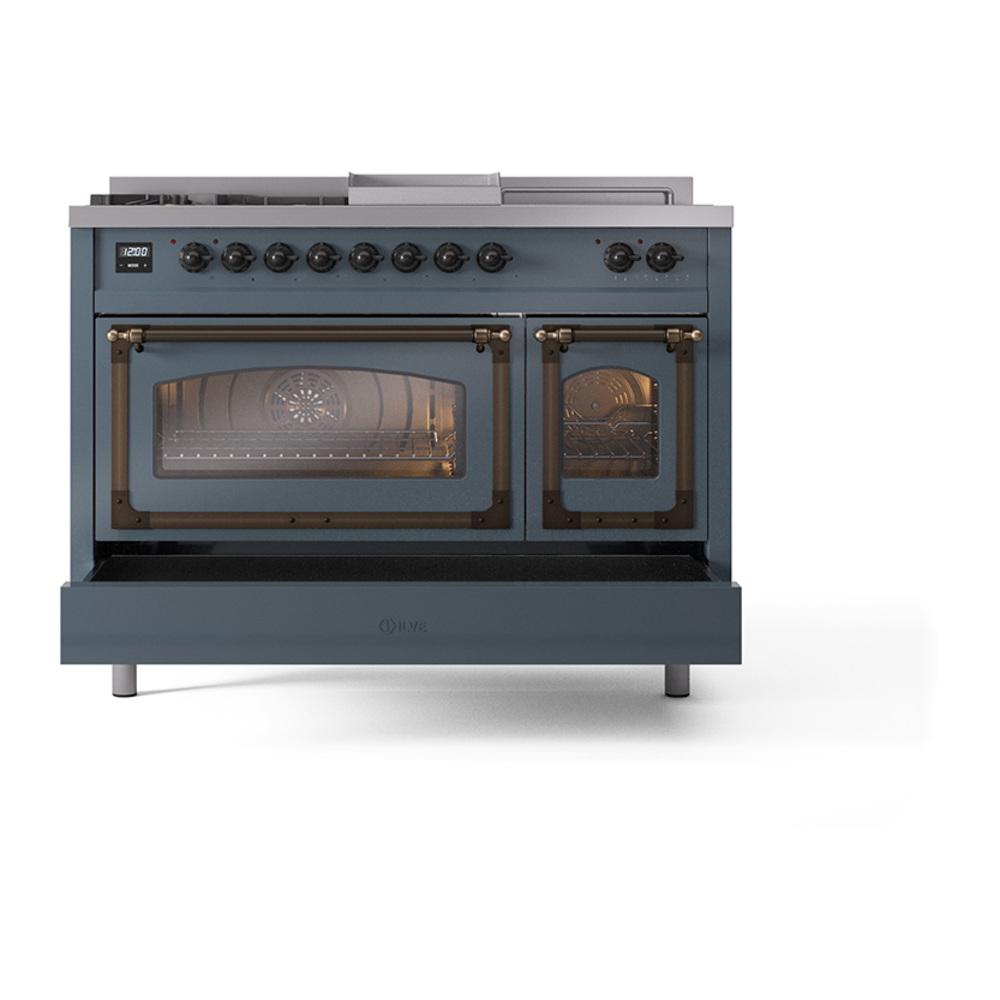 Ilve UN48FSNMPBGB Ilve Un48Fsnmpbgb Nostalgie Ii Noblesse 48" Dual Fuel Range (5 Sealed Burners + Griddle + French Top, Natural Gas, Triple Glass Door, Blue Grey, Burnished)