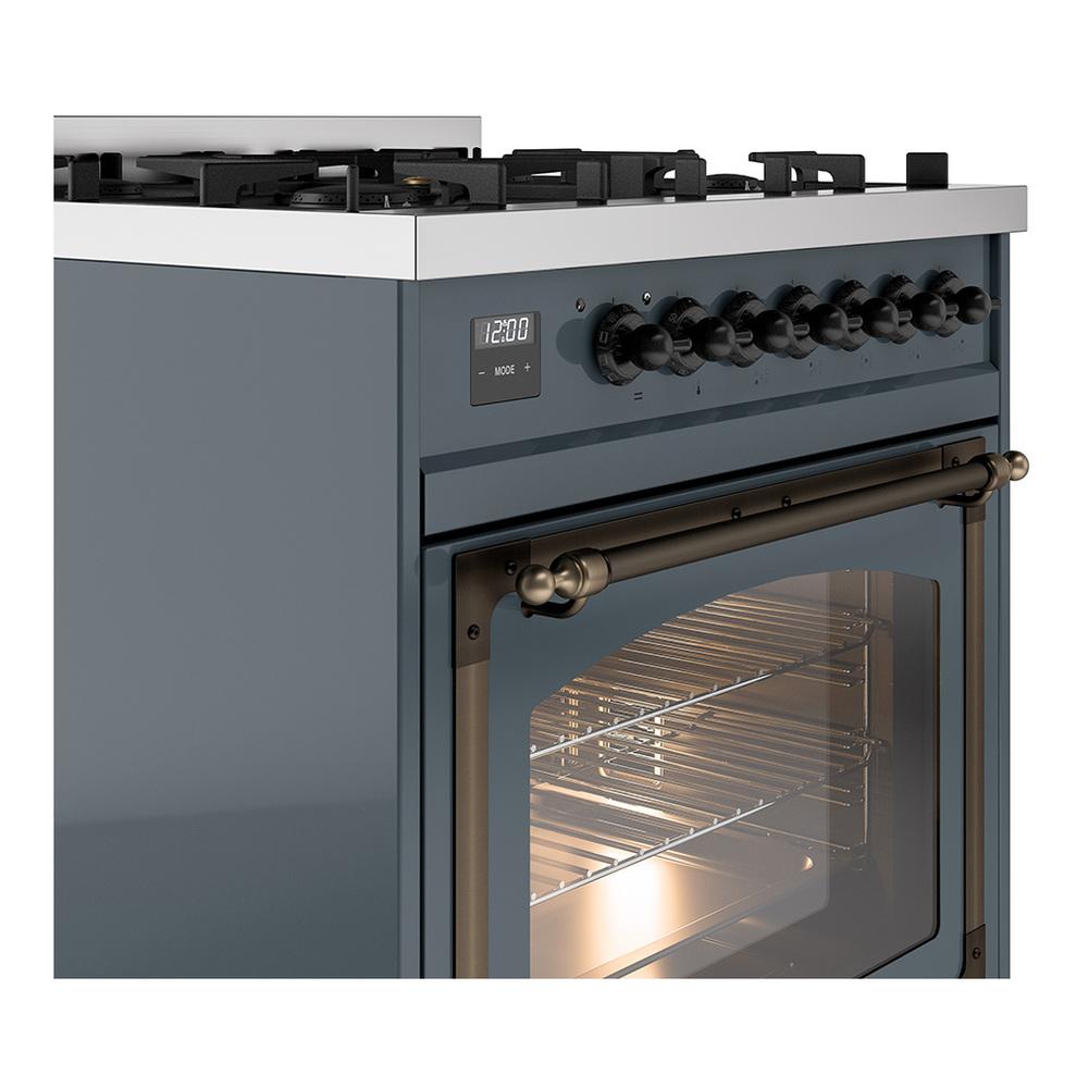 Ilve UN30NMPBGBLP Ilve Un30Nmpbgblp Nostalgie Ii Noblesse 30" Dual Fuel Range (Liquid Propane, Triple Glass Door, Blue Grey, Burnished)