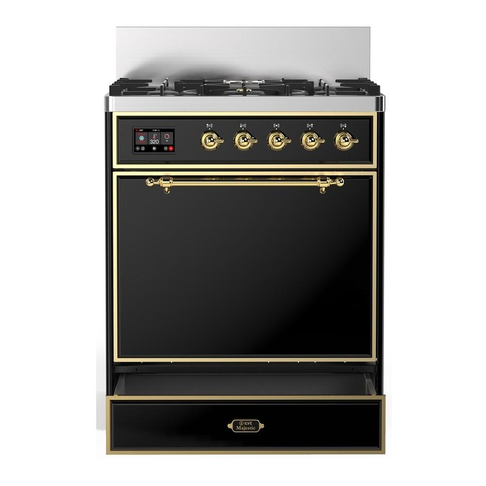 Ilve UM30QNR3BKG Ilve Um30Qnr3Bkg Majestic Iii 30 Inch Dual Fuel Range With 5 Black Brass Burners, Dual Function Burner Up To 25,000 Btu (Natural Gas, Solid Door, Glossy Black, Brass)