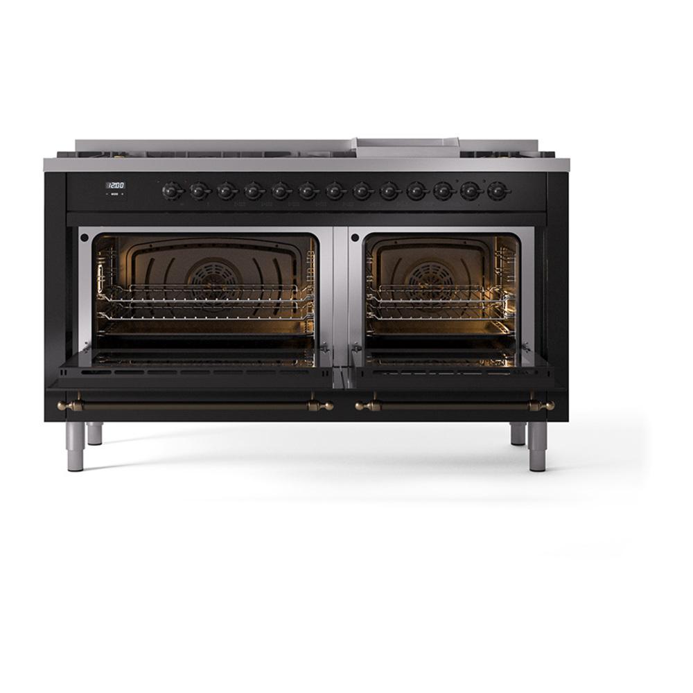 Ilve UN60FNMPBKBLP Ilve Un60Fnmpbkblp Nostalgie Ii Noblesse 60" Dual Fuel Range (9 Sealed Burners + Griddle, Liquid Propane, Triple Glass Door, Glossy Black, Burnished)