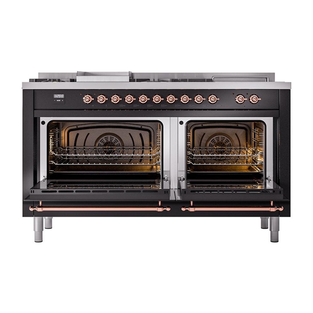Ilve UN60FSQNMPBKP Ilve Un60Fsqnmpbkp Nostalgie Ii Noblesse 60" Dual Fuel Range (7 Sealed Burners + Griddle + French Top, Natural Gas, Solid Door, Glossy Black, Copper)