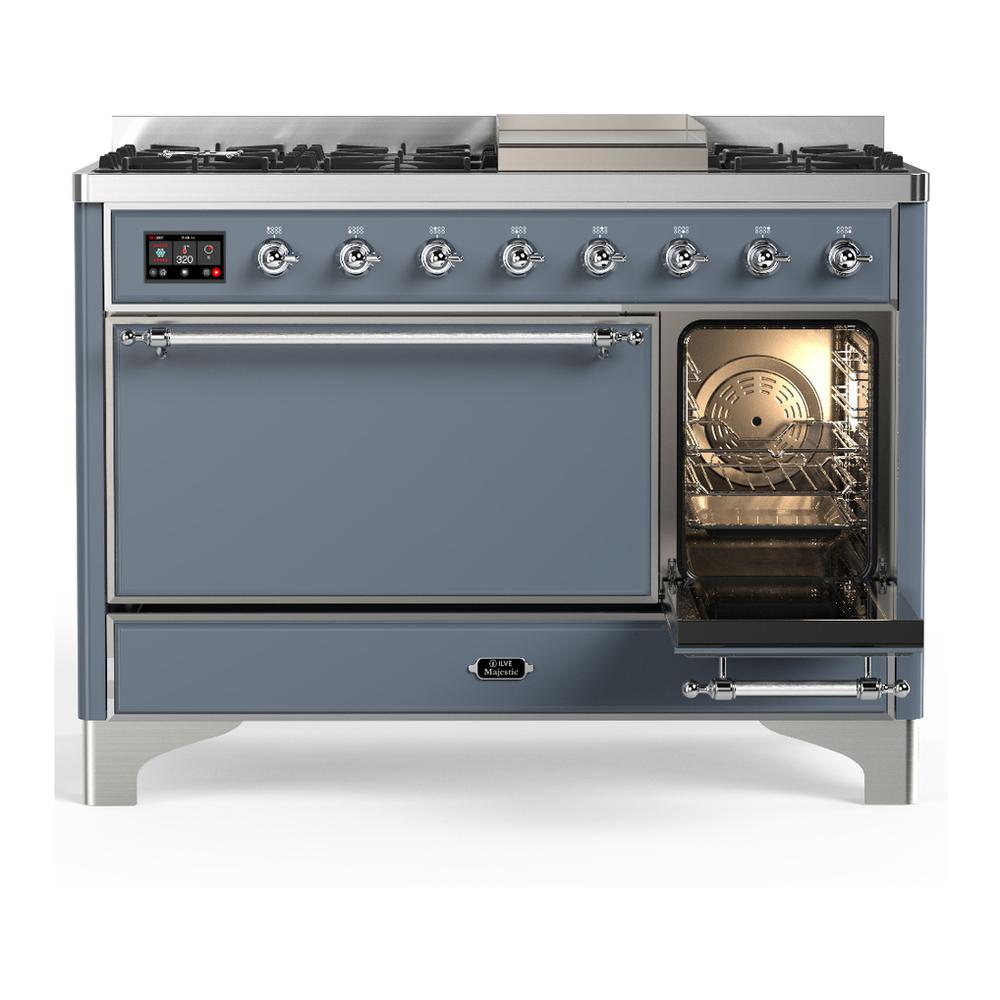 Ilve UM48FQNR3BGCLP Ilve Um48Fqnr3Bgclp Majestic Iii 48 Inch Dual Fuel Range With 8 Burners And Griddle, Dual Function Burner Up To 25,000 Btu (Liquid Propane, Solid Door, Blue Grey, Chrome)