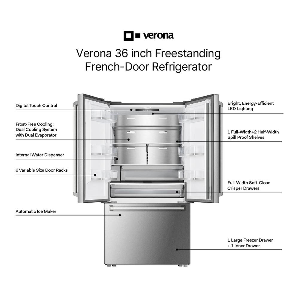 Verona VEBFD3620WIFS Verona Vebfd3620Wifs 36 Inch French Door Counter-Depth Refrigerator With 20.2 Cu. Ft. Total Capacity, Internal Water Dispenser, Automatic Ice Maker In Stainless Steel