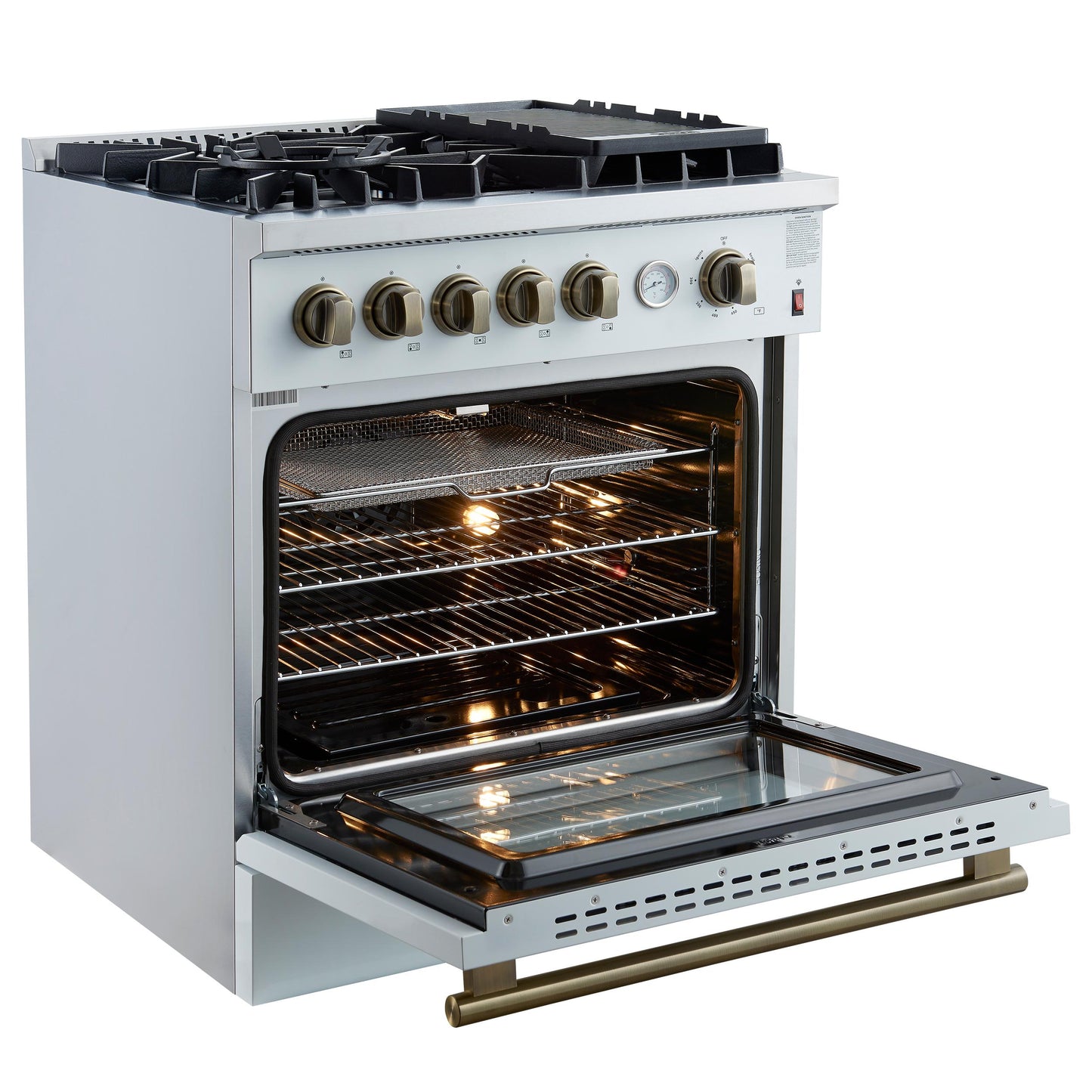 Forno FFSGS627430WHT Giovanni 30-Inch Gas Range White & Antique Brass Design, 5 Burners 67,000 Btu, 4.32 Cu.Ft. Convection Oven