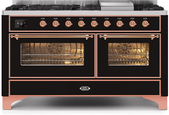 Ilve UM15FDNS3BKPLP Majestic Ii 60 Inch Dual Fuel Liquid Propane Freestanding Range In Glossy Black With Copper Trim