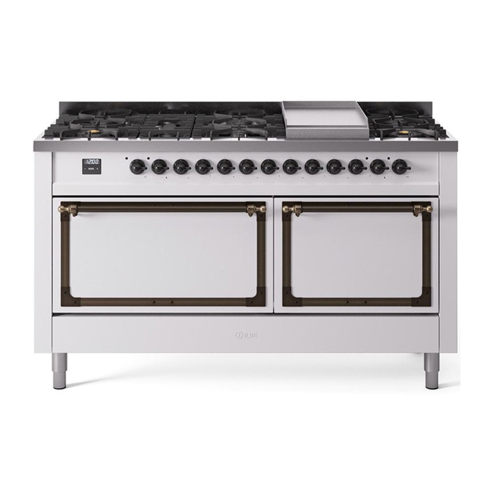 Ilve UN60FQNMPWHBLP Ilve Un60Fqnmpwhblp Nostalgie Ii Noblesse 60" Dual Fuel Range (9 Sealed Burners + Griddle, Liquid Propane, Solid Door, White, Burnished)