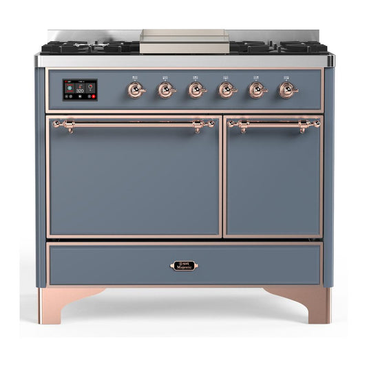 Ilve UMD40FQNR3BGP Ilve Umd40Fqnr3Bgp Majestic Iii 40 Inch Dual Fuel Range With 6 Burners And Griddle, Dual Function Burner Up To 25,000 Btu (Natural Gas, Solid Door, Blue Grey, Copper)
