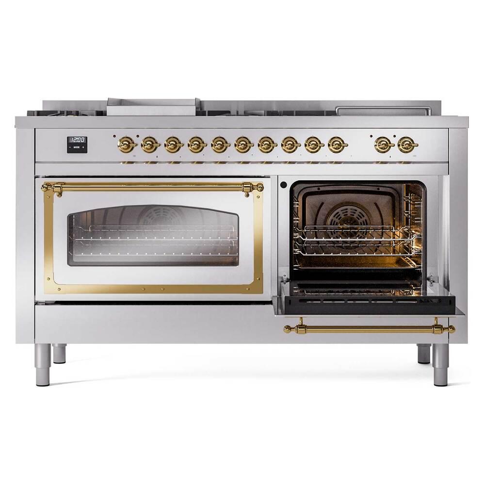 Ilve UN60FSNMPRAG Ilve Un60Fsnmprag Nostalgie Ii Noblesse 60" Dual Fuel Range (7 Sealed Burners + Griddle + French Top, Natural Gas, Triple Glass Door, Ral, Brass)