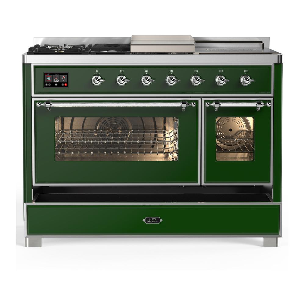 Ilve UM48FSNR3EGC Ilve Um48Fsnr3Egc Majestic Iii 48 Inch Dual Fuel Range With 5 Black Brass Burners, Griddle And French Top, Dual Function Burner Up To 25,000 Btu (Natural Gas, Triple Glass Door, Emerald Green, Chrome)