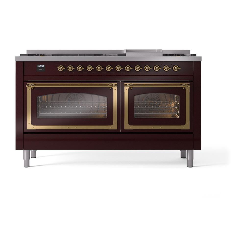 Ilve UN60FNMPBUG Ilve Un60Fnmpbug Nostalgie Ii Noblesse 60" Dual Fuel Range (9 Sealed Burners + Griddle, Natural Gas, Triple Glass Door, Burgundy, Brass)