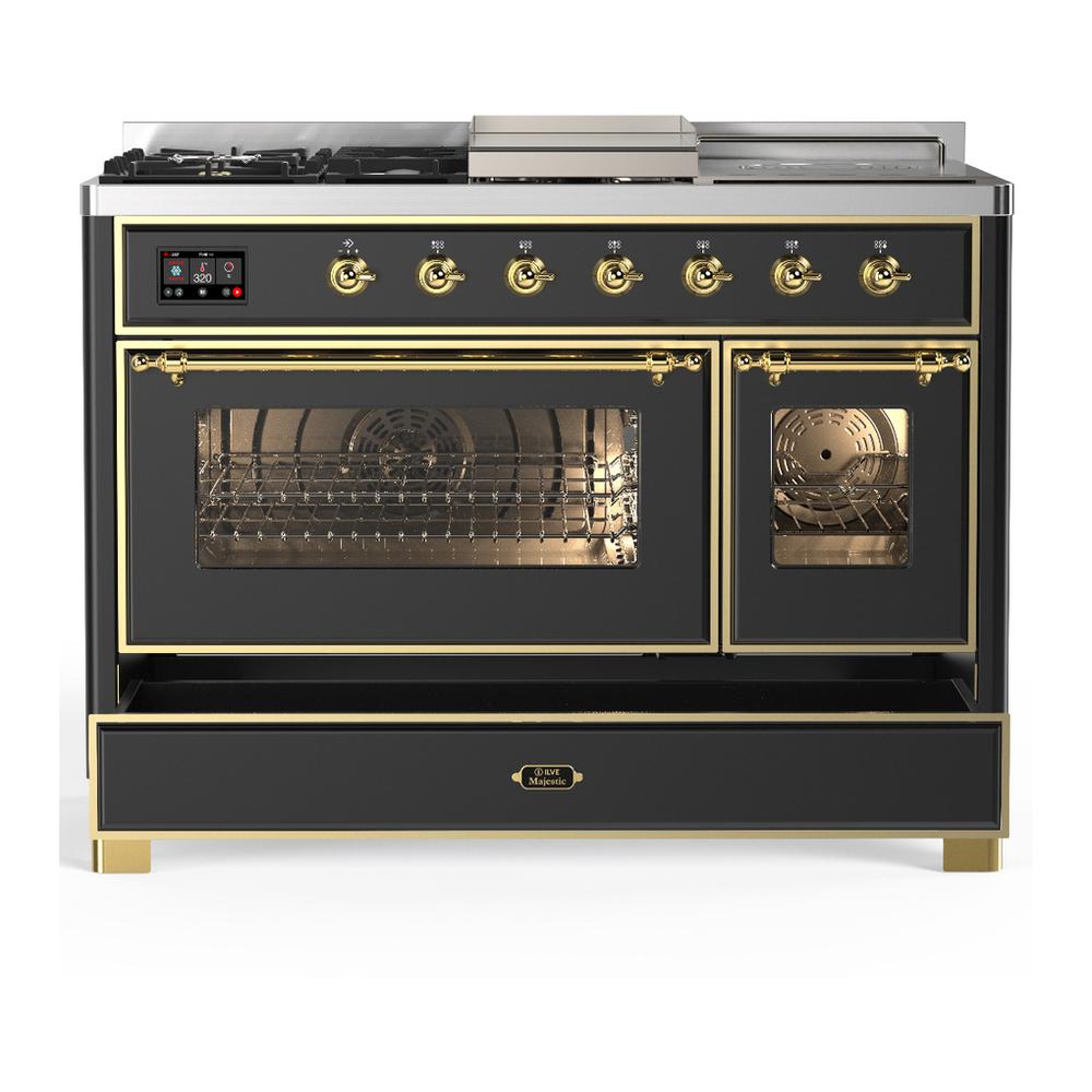 Ilve UM48FSNR3MGG Ilve Um48Fsnr3Mgg Majestic Iii 48 Inch Dual Fuel Range With 5 Black Brass Burners, Griddle And French Top, Dual Function Burner Up To 25,000 Btu (Natural Gas, Triple Glass Door, Graphite Matte, Brass)