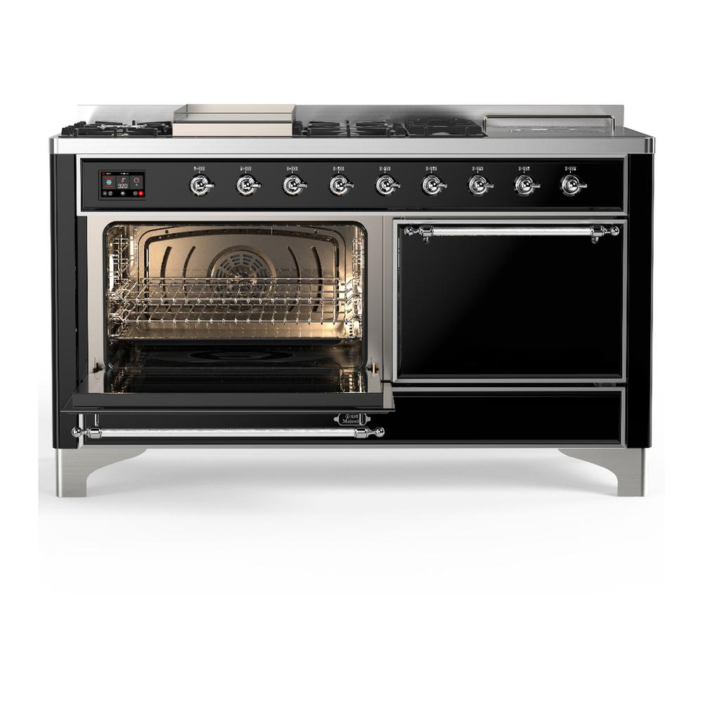 Ilve UM60FSQNR3BKCLP Ilve Um60Fsqnr3Bkclp Majestic Iii 60 Inch Dual Fuel Range With 7 Burners, Griddle And French Top, Dual Function Burner With Up To 25,000 Btu (Liquid Propane, Solid Door, Glossy Black, Chrome)