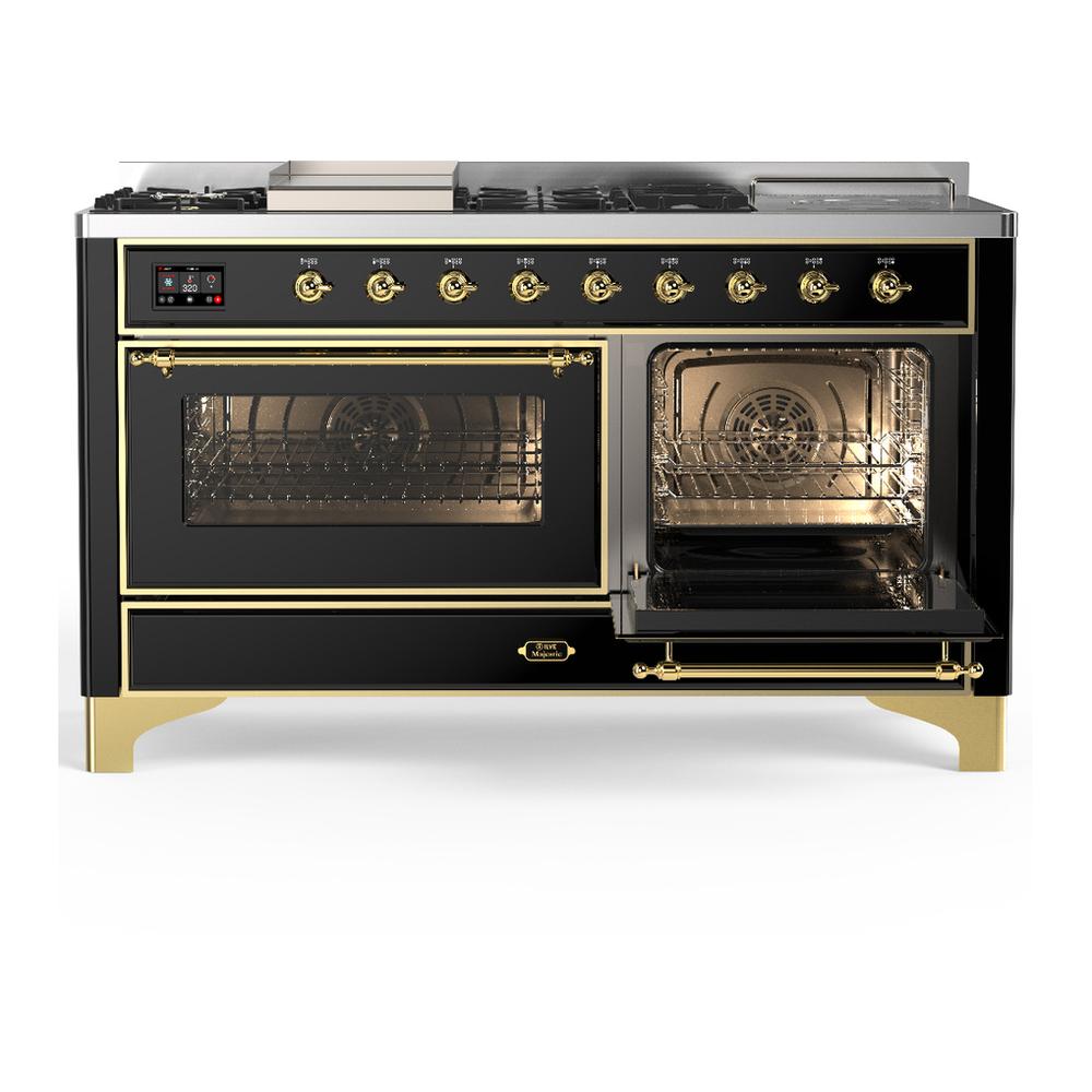 Ilve UM60FSNR3BKGLP Ilve Um60Fsnr3Bkglp Majestic Iii 60 Inch Dual Fuel Range With 7 Burners, Griddle And French Top, Dual Function Burner With Up To 25,000 Btu (Liquid Propane, Triple Glass Door, Glossy Black, Brass)