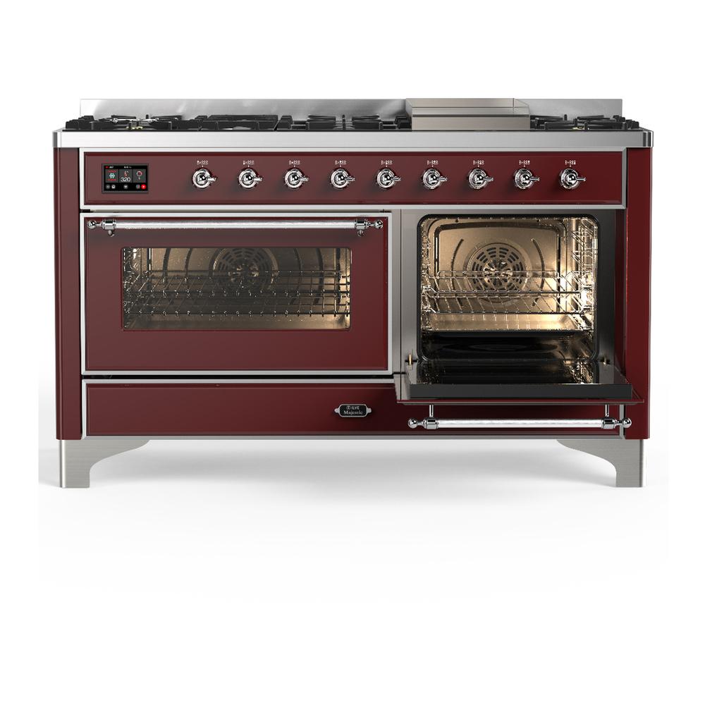 Ilve UM60FNR3BUCLP Ilve Um60Fnr3Buclp Majestic Iii 60 Inch Dual Fuel Range With 9 Burners And Griddle, Dual Function Burner Up To 25,000 Btu (Liquid Propane, Triple Glass Door, Burgundy, Chrome)