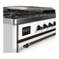 Ilve UM48FSQNR3WHB Ilve Um48Fsqnr3Whb Majestic Iii 48 Inch Dual Fuel Range With 5 Black Brass Burners, Griddle And French Top, Dual Function Burner Up To 25,000 Btu (Natural Gas, Solid Door, White, Burnished)