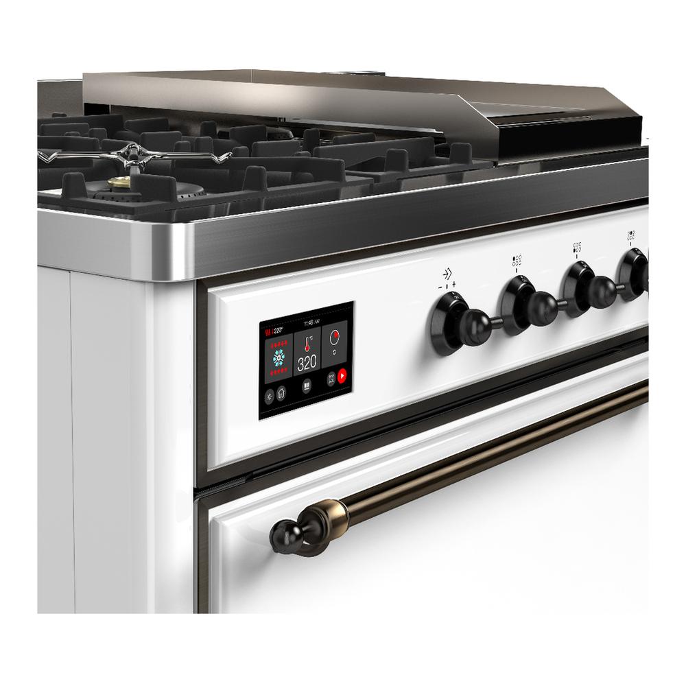 Ilve UM48FSQNR3WHB Ilve Um48Fsqnr3Whb Majestic Iii 48 Inch Dual Fuel Range With 5 Black Brass Burners, Griddle And French Top, Dual Function Burner Up To 25,000 Btu (Natural Gas, Solid Door, White, Burnished)