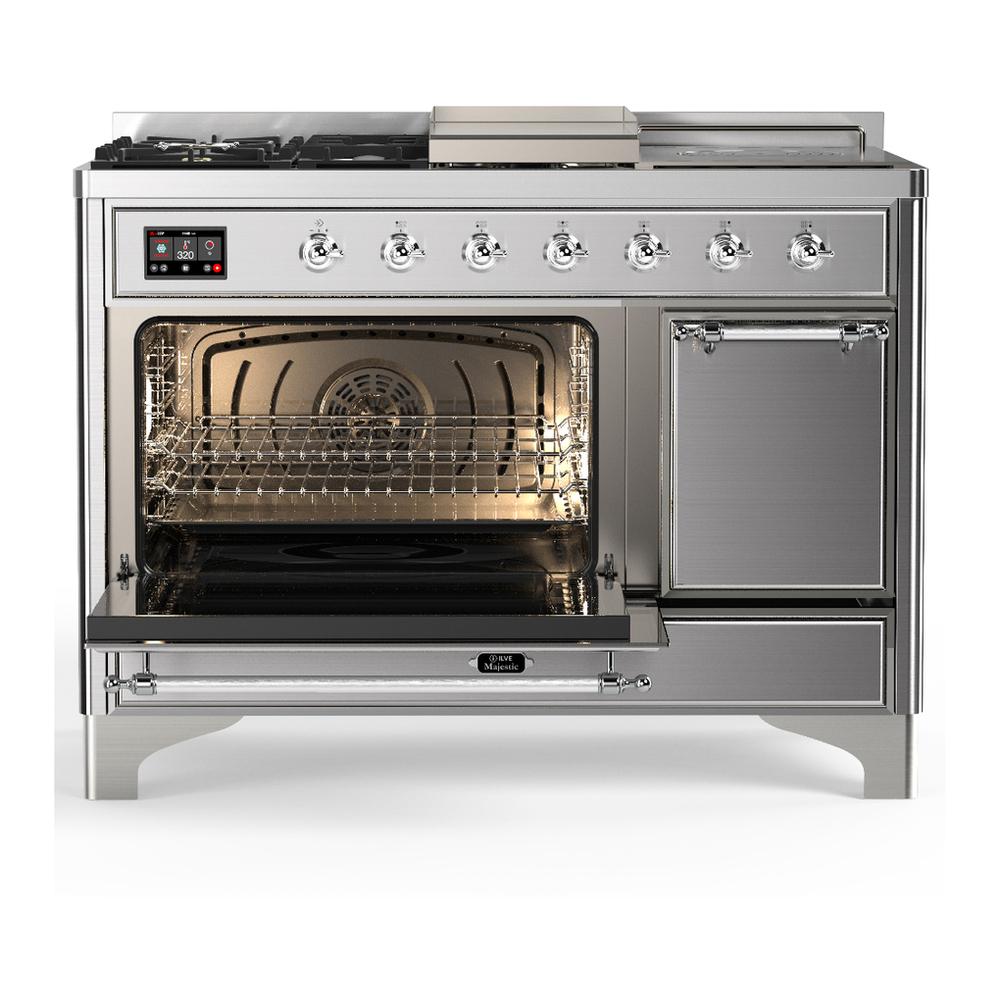 Ilve UM48FSQNR3SSCLP Ilve Um48Fsqnr3Ssclp Majestic Iii 48 Inch Dual Fuel Range With 5 Black Brass Burners, Griddle And French Top, Dual Function Burner Up To 25,000 Btu (Liquid Propane, Solid Door, Stainless Steel, Chrome)
