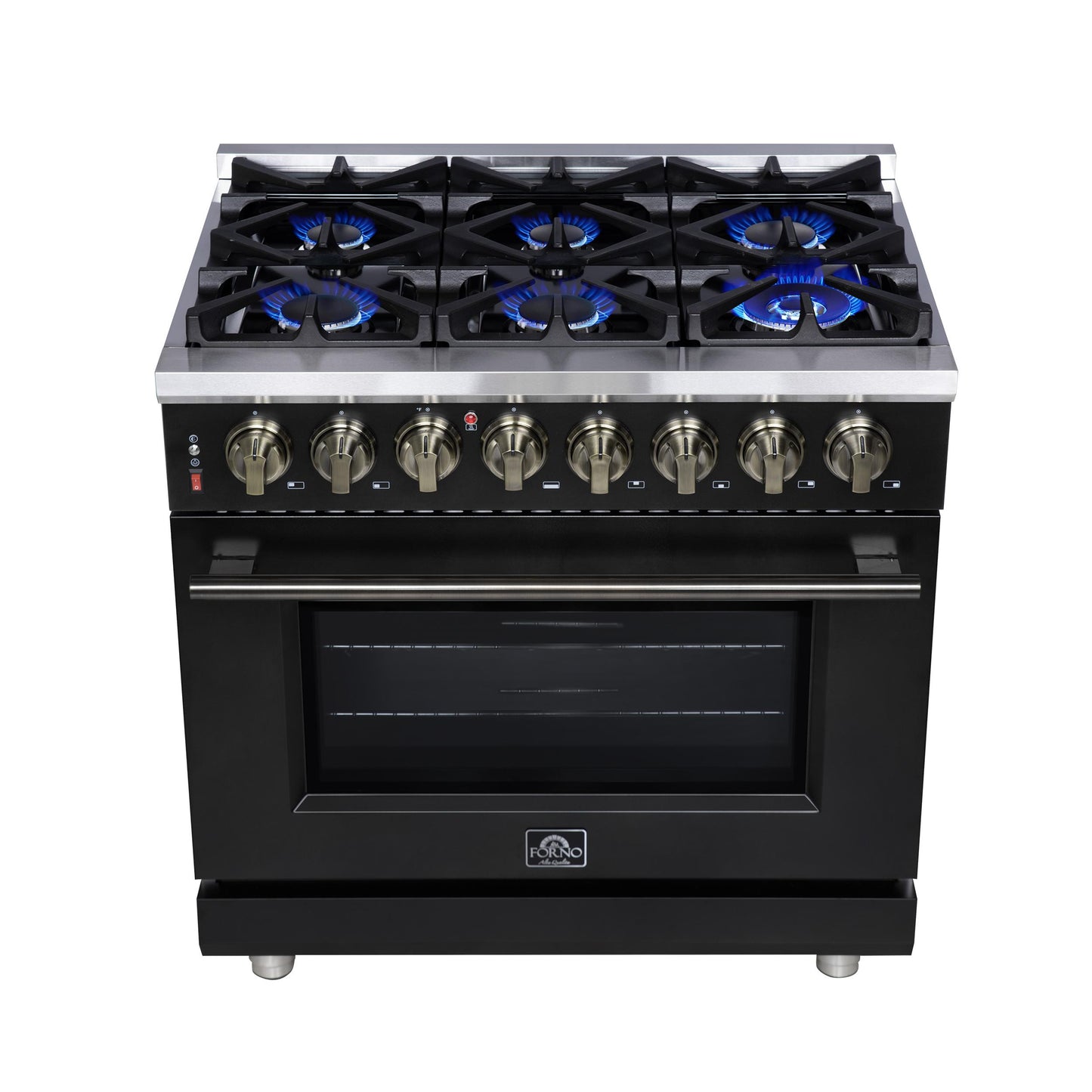 Forno FFSGS612536BLK Forno Massimo 36 Inch Freestanding Dual Fuel Range In Black With Antique Brass Accessories, 6 Burners, 5.36 Cu. Ft. Convection Oven
