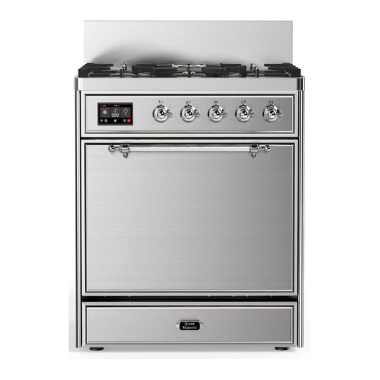 Ilve UM30QNR3SSC Ilve Um30Qnr3Ssc Majestic Iii 30 Inch Dual Fuel Range With 5 Black Brass Burners, Dual Function Burner Up To 25,000 Btu (Natural Gas, Solid Door, Stainless Steel, Chrome)