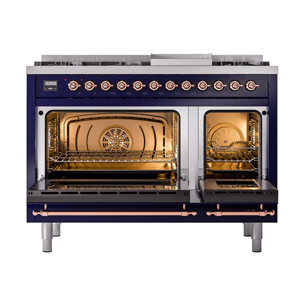 Ilve UN48FQNMPMBPLP Ilve Un48Fqnmpmbplp Nostalgie Ii Noblesse 48" Dual Fuel Range (8 Sealed Burners + Griddle, Liquid Propane, Solid Door, Midnight Blue, Copper)