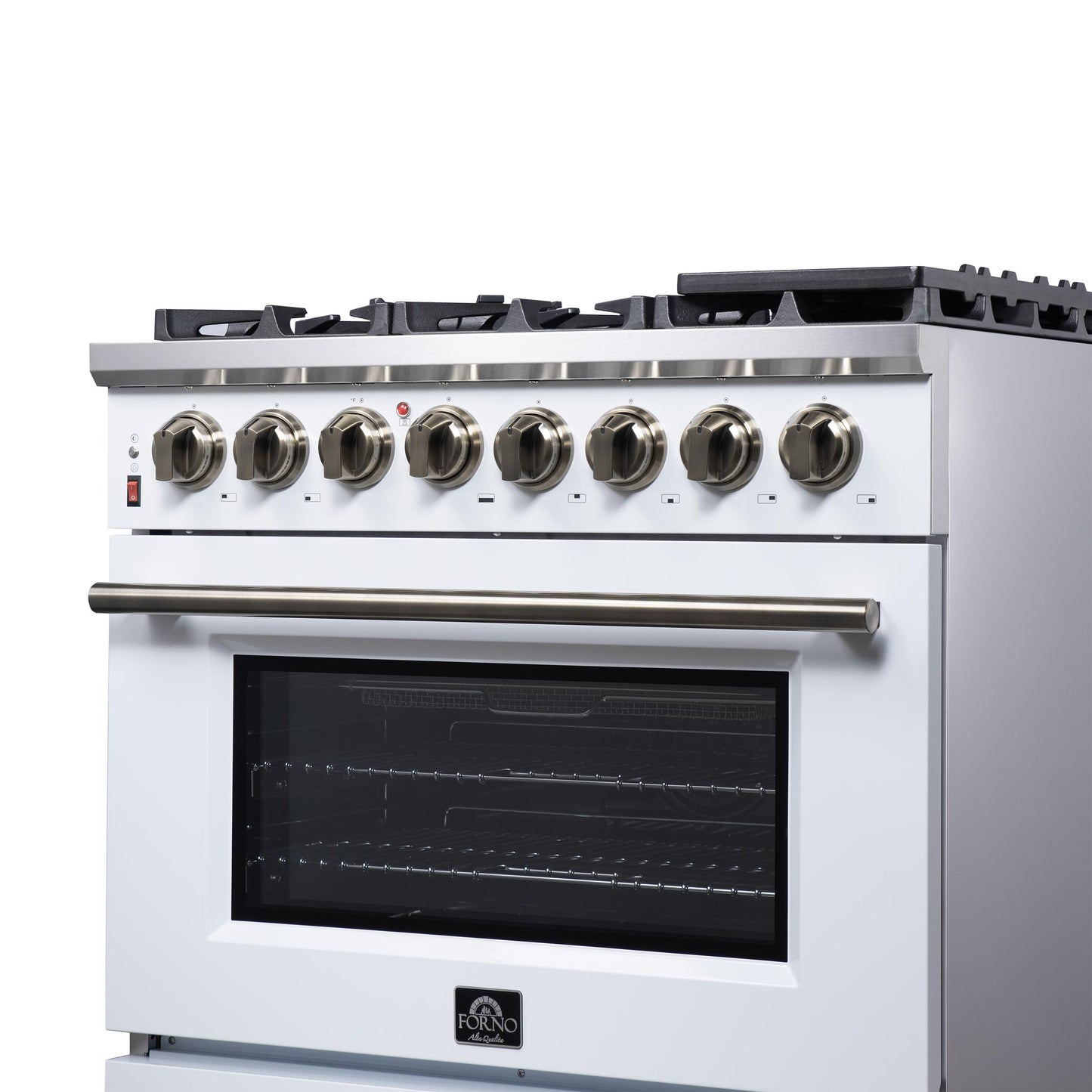 Forno FFSGS612536WHT Forno Massimo 36 Inch Freestanding Dual Fuel Range In White With Antique Brass Accessories, 6 Burners, 5.36 Cu. Ft. Convection Oven