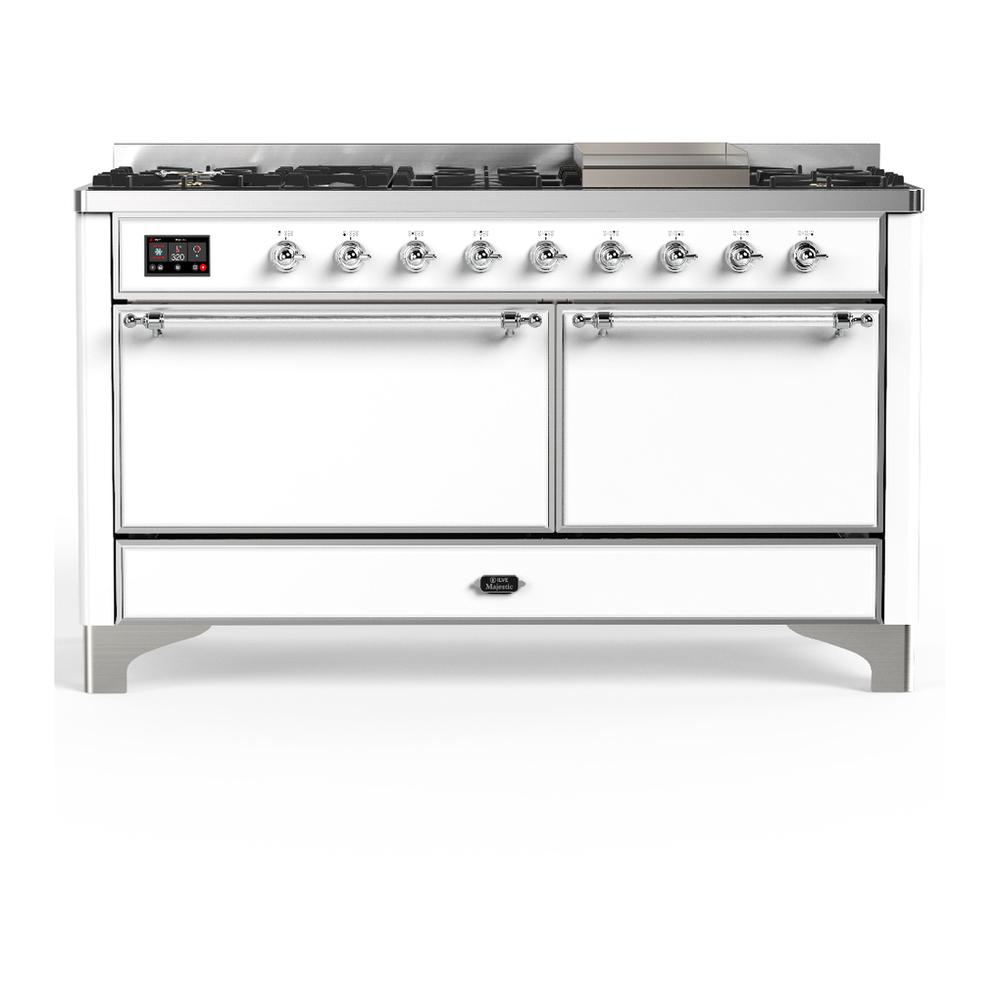 Ilve UM60FQNR3WHCLP Ilve Um60Fqnr3Whclp Majestic Iii 60 Inch Dual Fuel Range With 9 Burners And Griddle, Dual Function Burner Up To 25,000 Btu (Liquid Propane, Solid Door, White, Chrome)