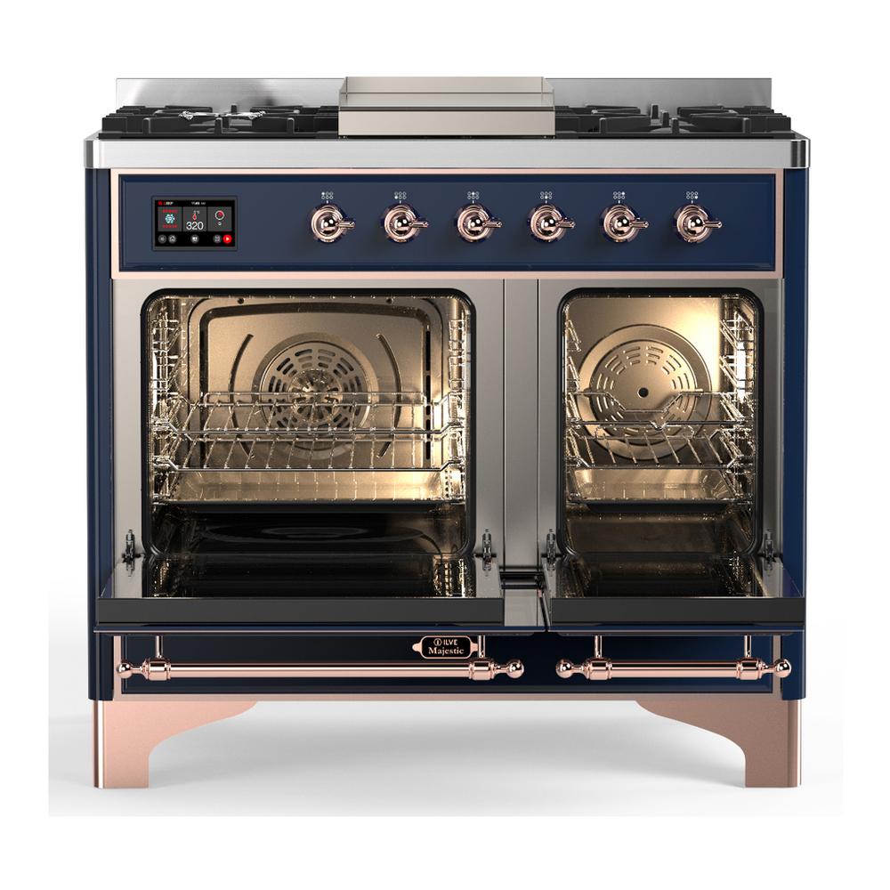 Ilve UMD40FNR3MBPLP Ilve Umd40Fnr3Mbplp Majestic Iii 40 Inch Dual Fuel Range With 6 Burners And Griddle, Dual Function Burner Up To 25,000 Btu (Liquid Propane, Triple Glass Door, Midnight Blue, Copper)