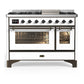 Ilve UM48FNR3WHB Ilve Um48Fnr3Whb Majestic Iii 48 Inch Dual Fuel Range With 8 Burners And Griddle, Dual Function Burner Up To 25,000 Btu (Natural Gas, Triple Glass Door, White, Burnished)