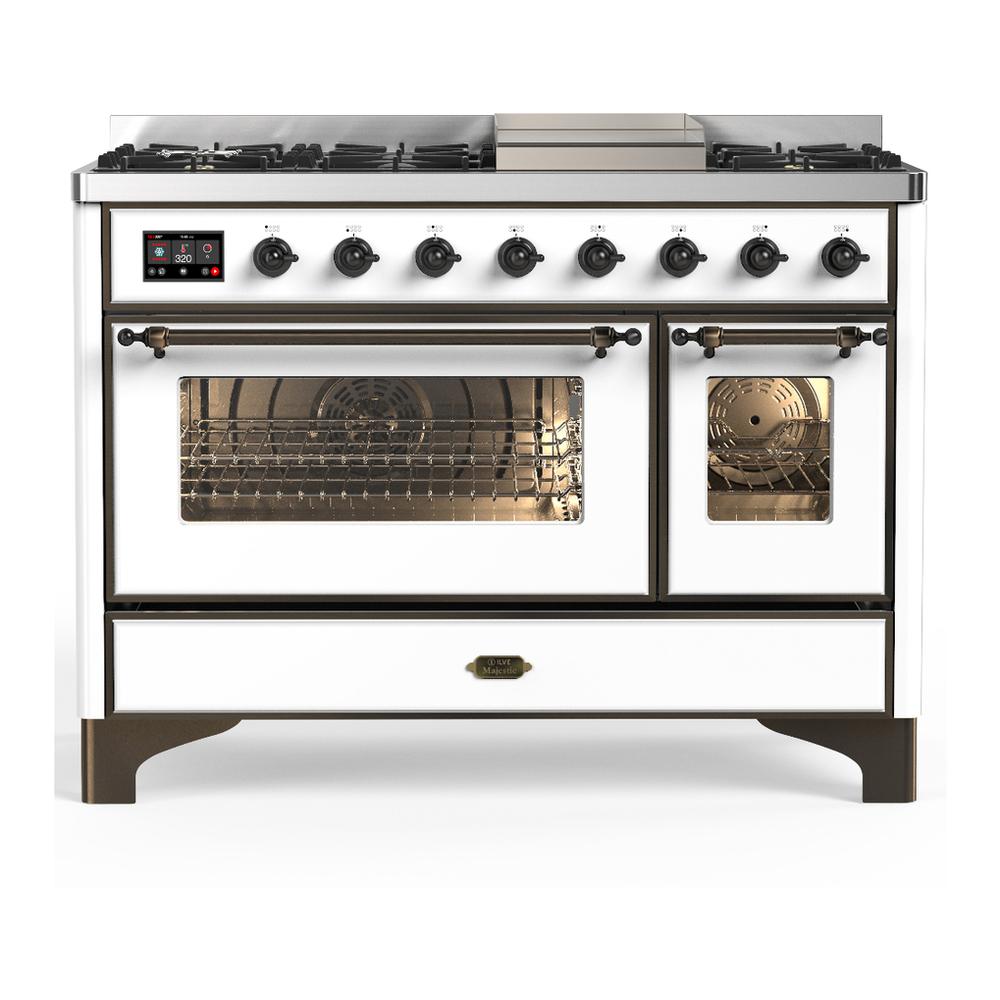 Ilve UM48FNR3WHB Ilve Um48Fnr3Whb Majestic Iii 48 Inch Dual Fuel Range With 8 Burners And Griddle, Dual Function Burner Up To 25,000 Btu (Natural Gas, Triple Glass Door, White, Burnished)