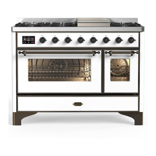 Ilve UM48FNR3WHB Ilve Um48Fnr3Whb Majestic Iii 48 Inch Dual Fuel Range With 8 Burners And Griddle, Dual Function Burner Up To 25,000 Btu (Natural Gas, Triple Glass Door, White, Burnished)