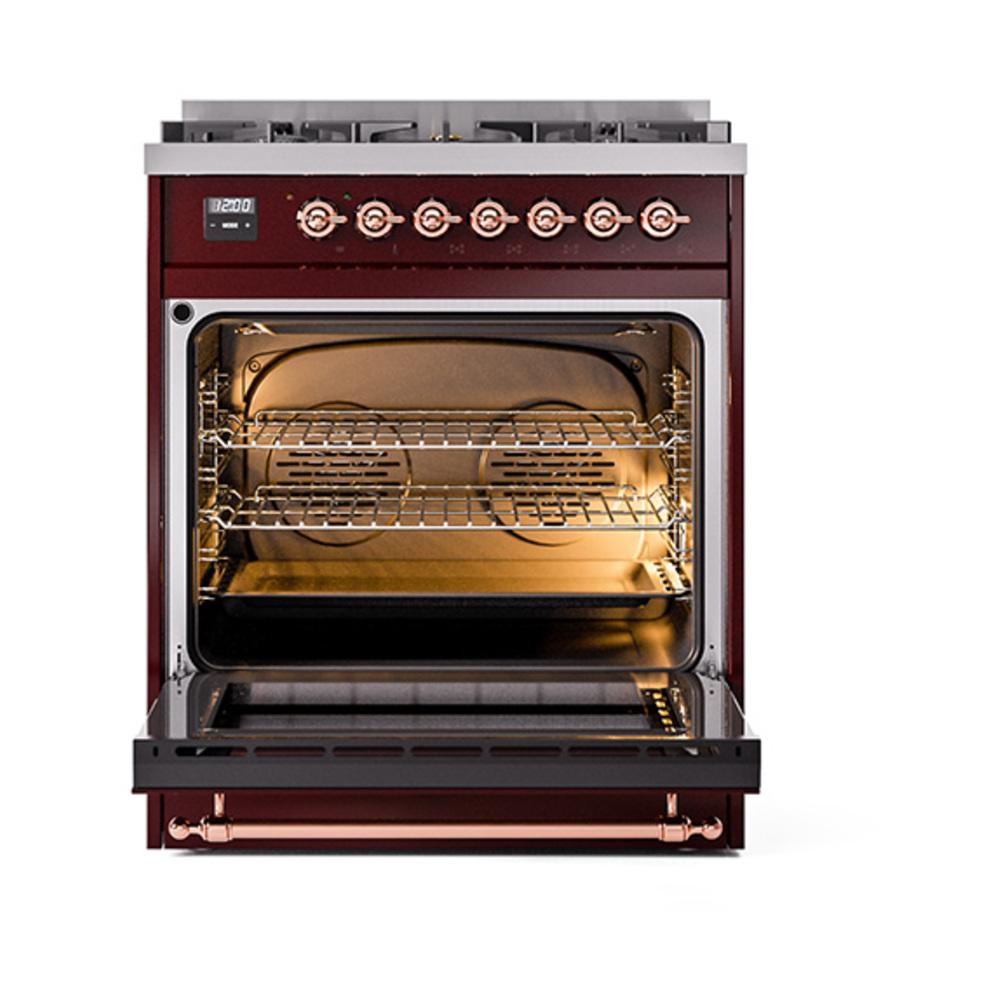 Ilve UN30QNMPBUPLP Ilve Un30Qnmpbuplp Nostalgie Ii Noblesse 30" Dual Fuel Range (Liquid Propane, Solid Door, Burgundy, Copper)
