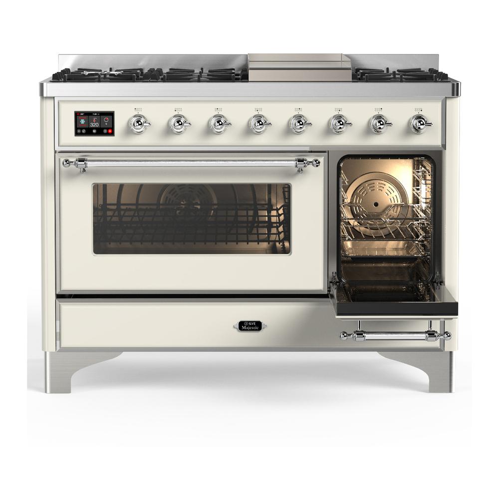 Ilve UM48FNR3AWCLP Ilve Um48Fnr3Awclp Majestic Iii 48 Inch Dual Fuel Range With 8 Burners And Griddle, Dual Function Burner Up To 25,000 Btu (Liquid Propane, Triple Glass Door, Antique White, Chrome)