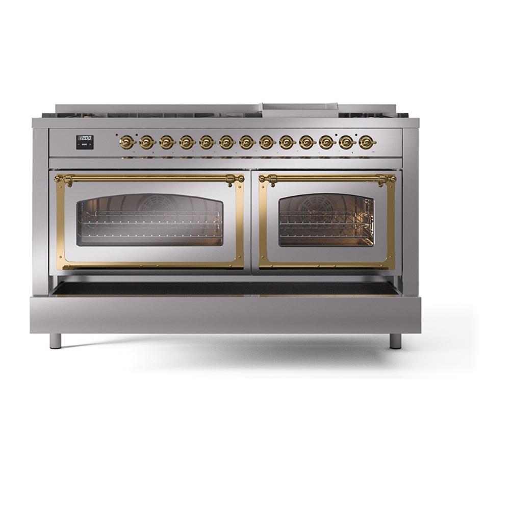 Ilve UN60FNMPSSG Ilve Un60Fnmpssg Nostalgie Ii Noblesse 60" Dual Fuel Range (9 Sealed Burners + Griddle, Natural Gas, Triple Glass Door, Stainless Steel, Brass)