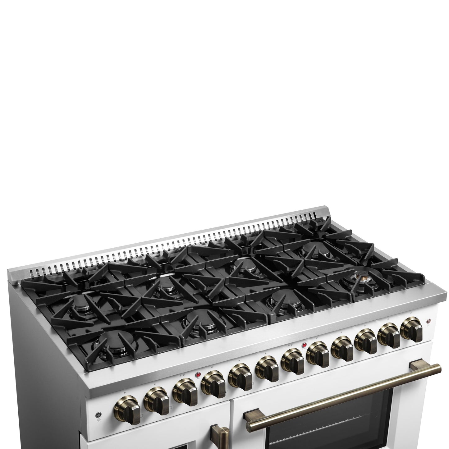 Forno FFSGS635648WHT Forno Galiano 48-Inch French Door Dual Fuel Range, White & Antique Brass Design, 8 Sealed Burners - 107,000 Btu, Griddle, 6.58 Cu.Ft. Double Ovens