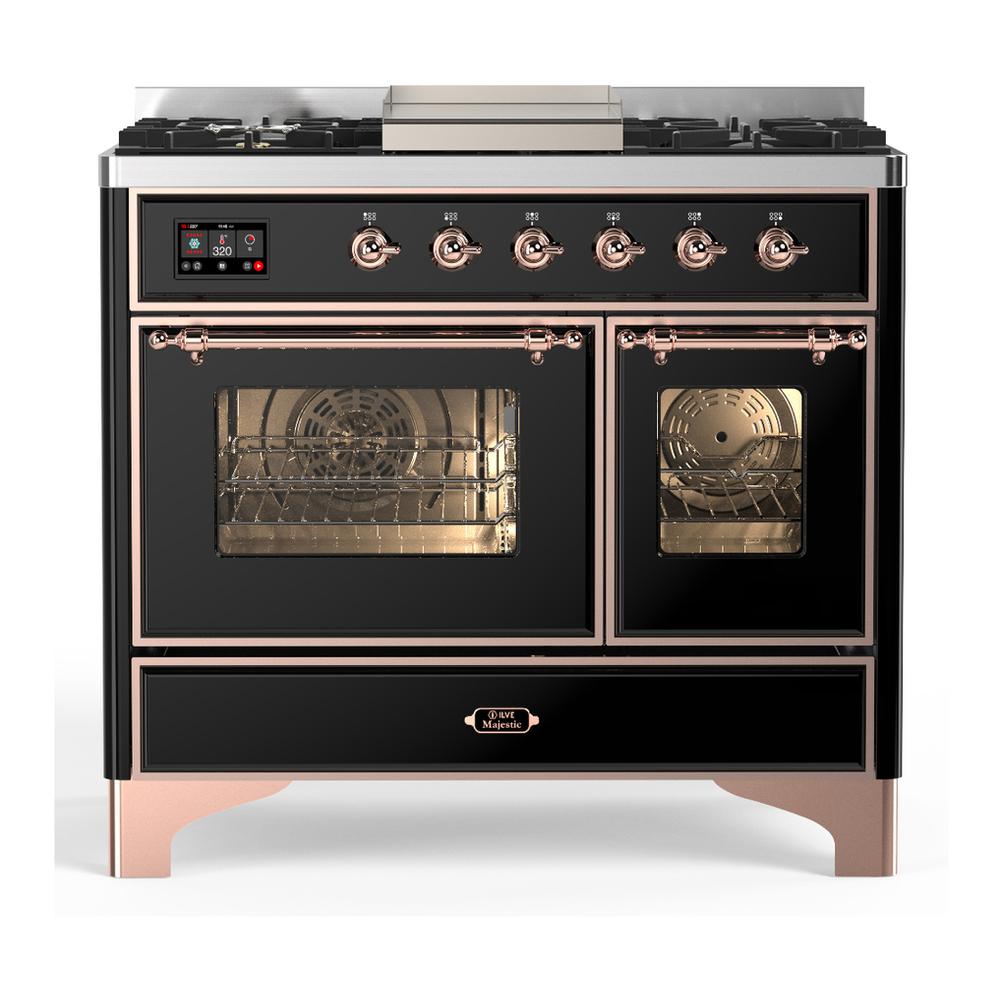 Ilve UMD40FNR3BKP Ilve Umd40Fnr3Bkp Majestic Iii 40 Inch Dual Fuel Range With 6 Burners And Griddle, Dual Function Burner Up To 25,000 Btu (Natural Gas, Triple Glass Door, Glossy Black, Copper)