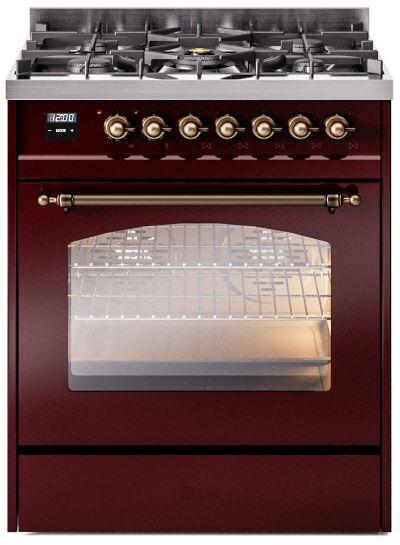 Ilve UP30NMPBUB Nostalgie Ii 30 Inch Dual Fuel Natural Gas Freestanding Range In Burgundy With Bronze Trim