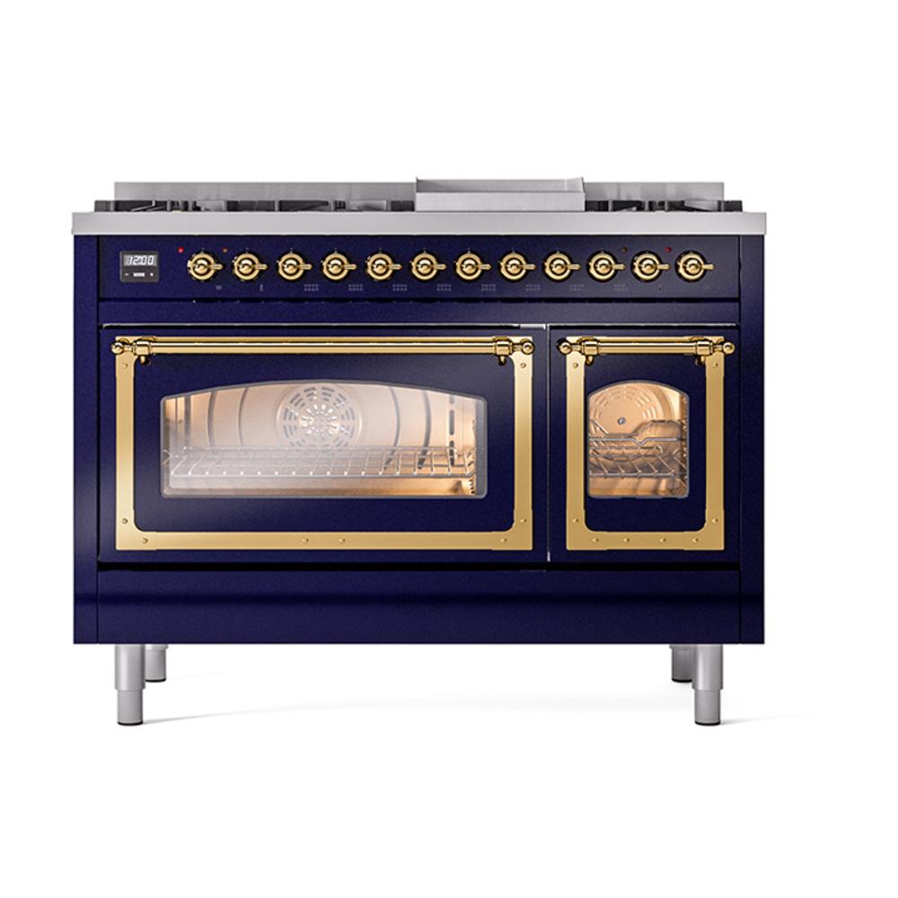 Ilve UN48FNMPMBGLP Ilve Un48Fnmpmbglp Nostalgie Ii Noblesse 48" Dual Fuel Range (8 Sealed Burners + Griddle, Liquid Propane, Triple Glass Door, Midnight Blue, Brass)