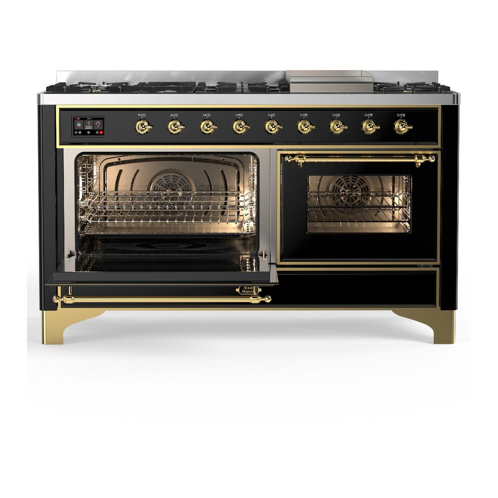 Ilve UM60FNR3BKGLP Ilve Um60Fnr3Bkglp Majestic Iii 60 Inch Dual Fuel Range With 9 Burners And Griddle, Dual Function Burner Up To 25,000 Btu (Liquid Propane, Triple Glass Door, Glossy Black, Brass)