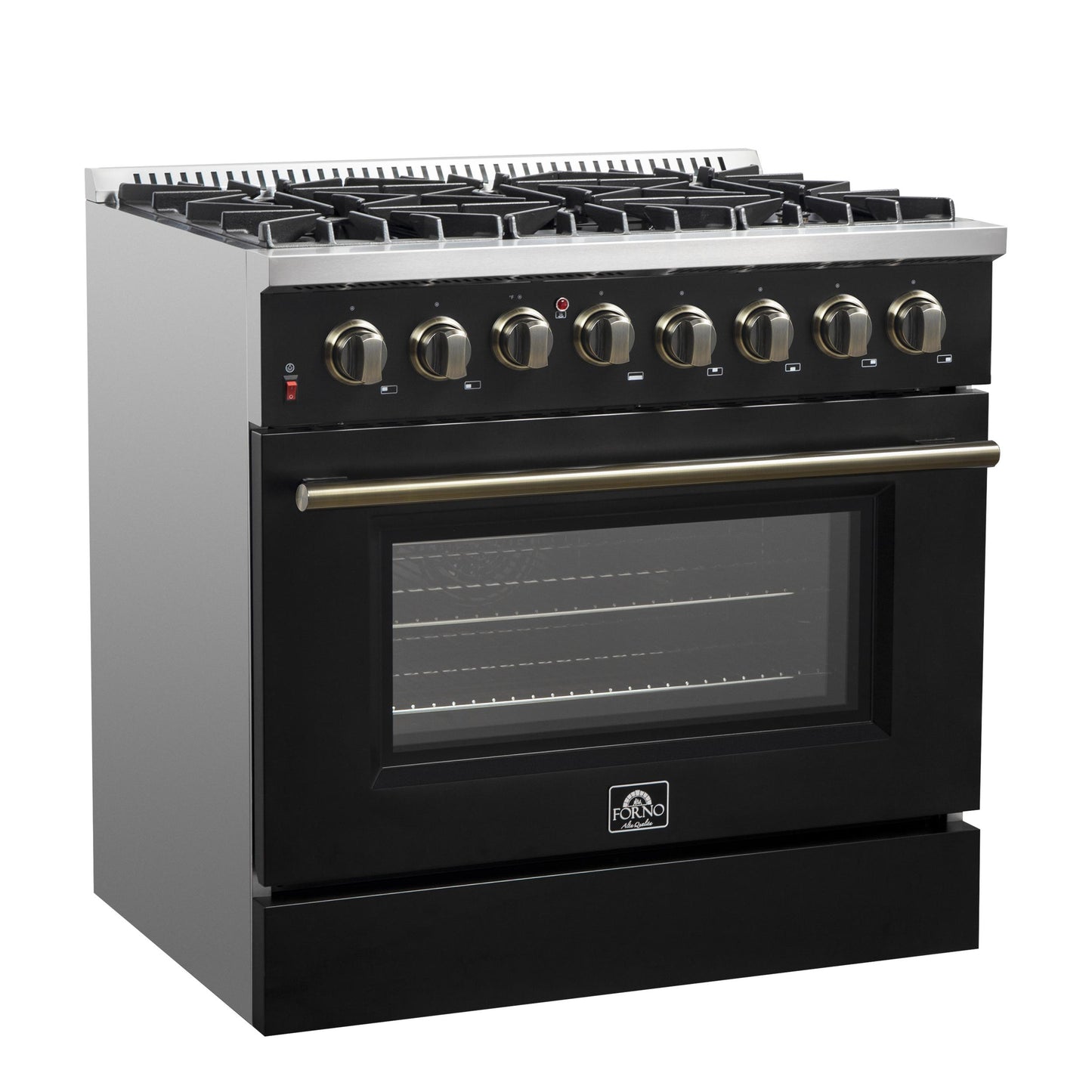 Forno FFSGS615636BLK Forno Galiano 36-Inch Dual Fuel Range In Black & Antique Brass Design, 6 Sealed Burners 83,000 Btu, 5.36 Cu.Ft. True Convection Oven