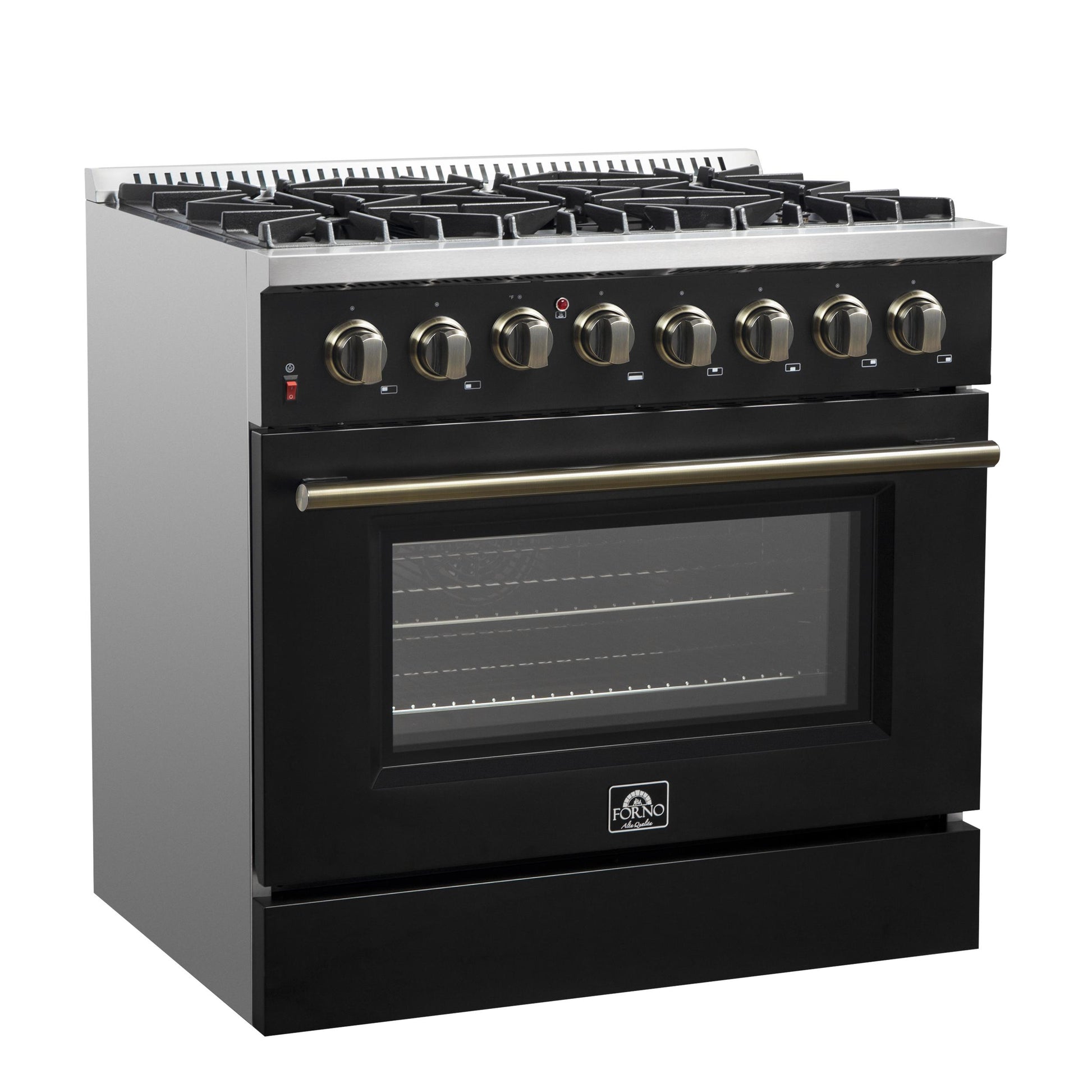 Forno FFSGS615636BLK Forno Galiano 36-Inch Dual Fuel Range In Black & Antique Brass Design, 6 Sealed Burners 83,000 Btu, 5.36 Cu.Ft. True Convection Oven