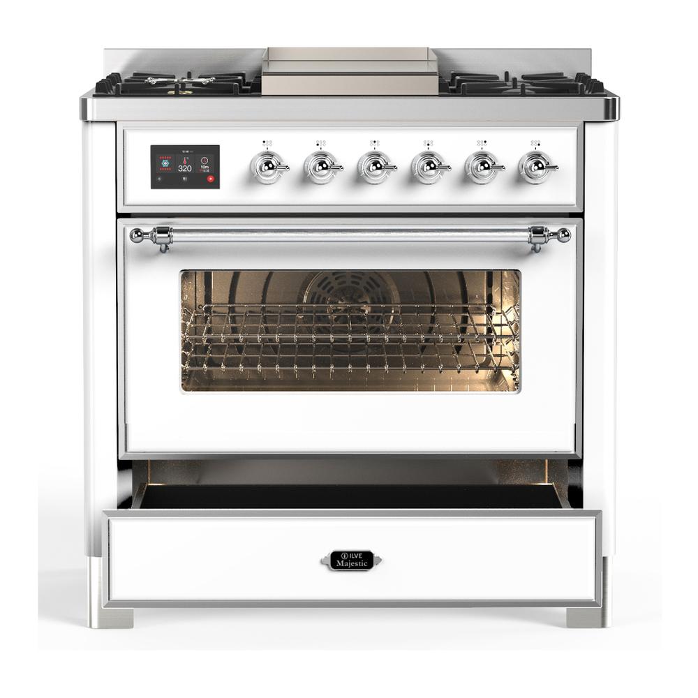 Ilve UM36FNR3WHCLP Ilve Um36Fnr3Whclp Majestic Iii 36 Inch Dual Fuel Range With 6 Black Brass Burners And Griddle, Dual Function Burner Up To 25,000 Btu (Triple Glass Door, White, Chrome, Liquid Propane)