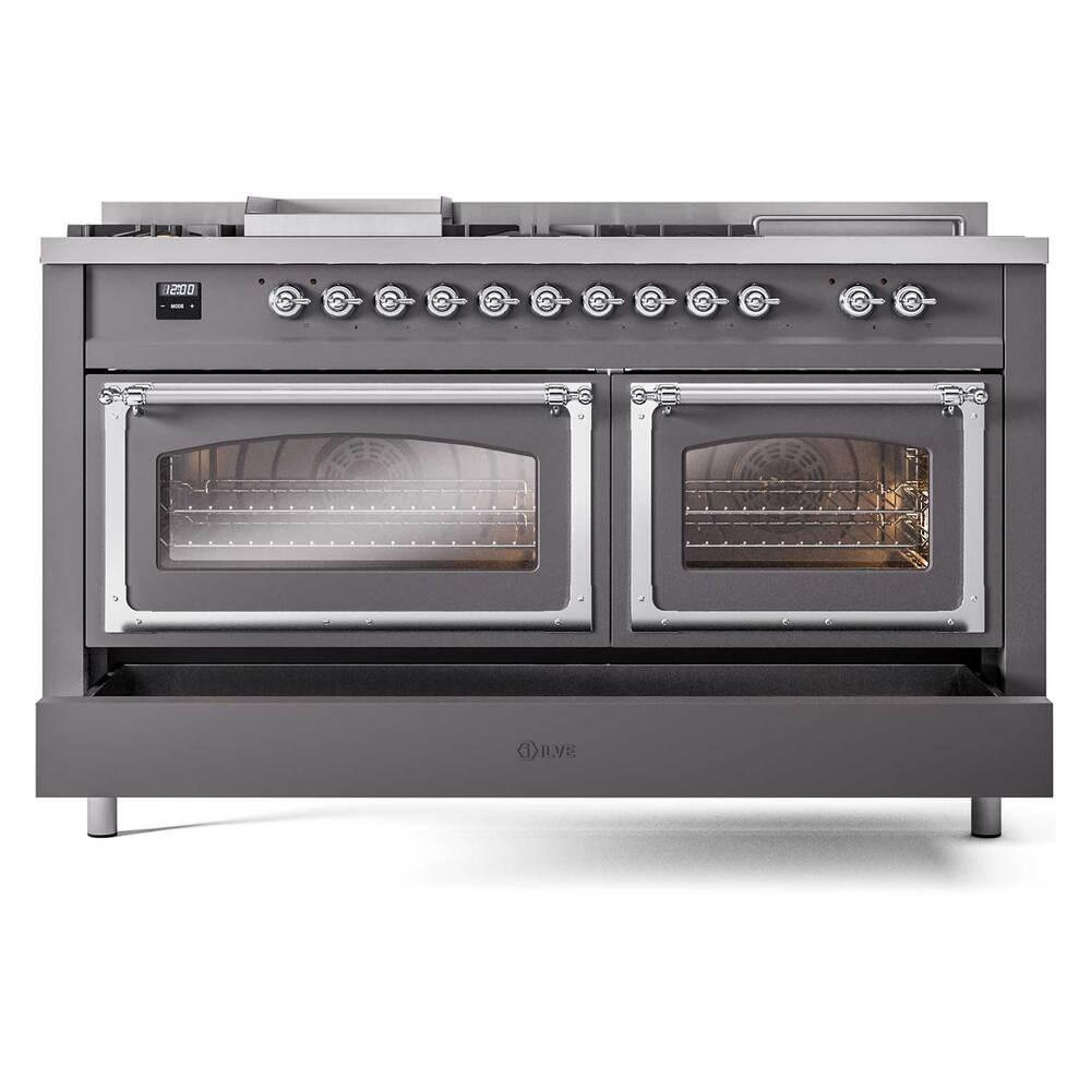 Ilve UN60FSNMPMGC Ilve Un60Fsnmpmgc Nostalgie Ii Noblesse 60" Dual Fuel Range (7 Sealed Burners + Griddle + French Top, Natural Gas, Triple Glass Door, Graphite Matte, Chrome)