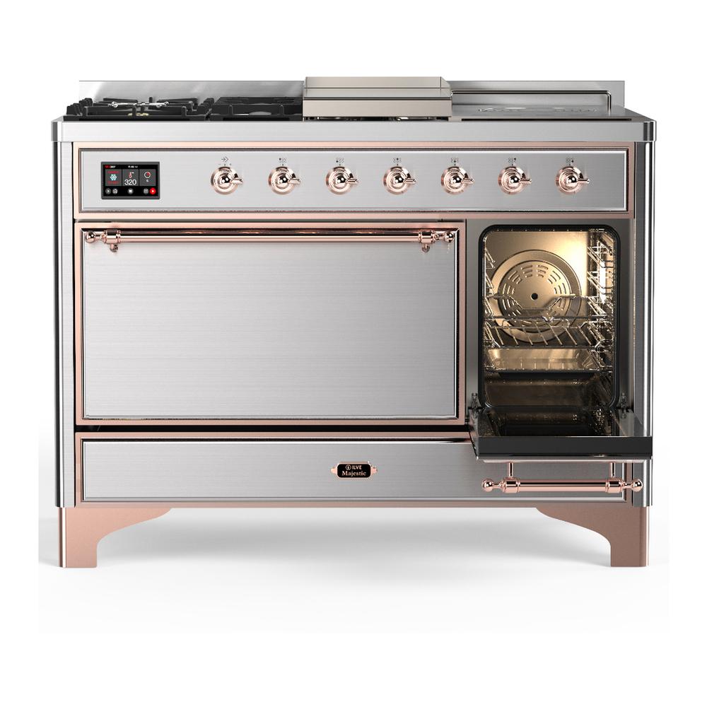 Ilve UM48FSQNR3SSPLP Ilve Um48Fsqnr3Ssplp Majestic Iii 48 Inch Dual Fuel Range With 5 Black Brass Burners, Griddle And French Top, Dual Function Burner Up To 25,000 Btu (Liquid Propane, Solid Door, Stainless Steel, Copper)