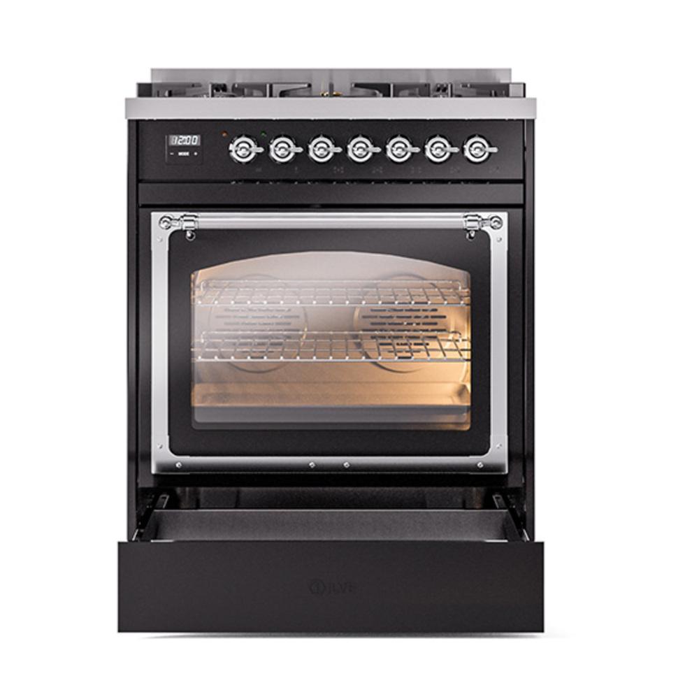 Ilve UN30NMPBKCLP Ilve Un30Nmpbkclp Nostalgie Ii Noblesse 30" Dual Fuel Range (Liquid Propane, Triple Glass Door, Glossy Black, Chrome)